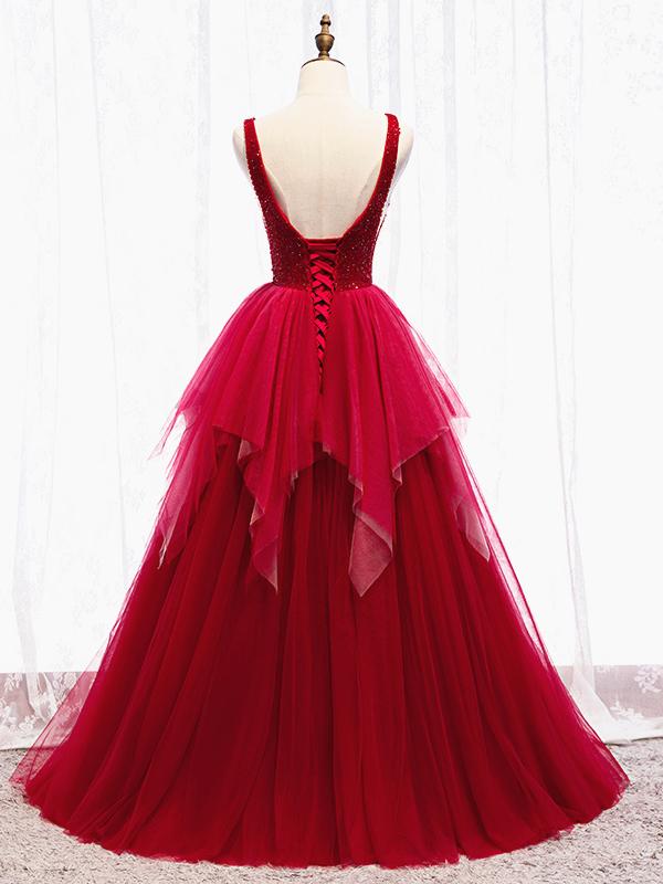 Red V Neck Long Prom Dresses with ...